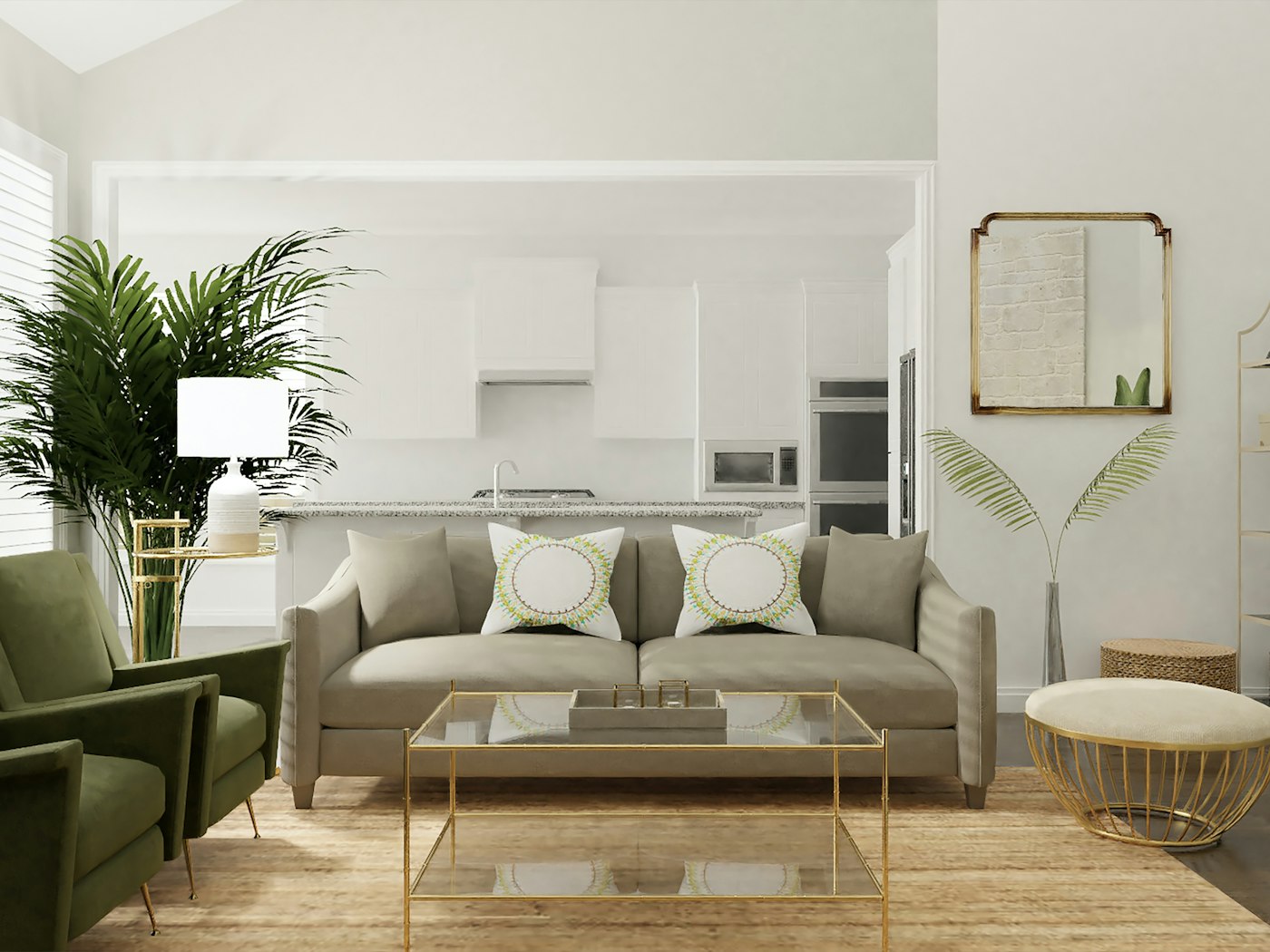 Modern living room interior with sofa, plants and wooden flooring