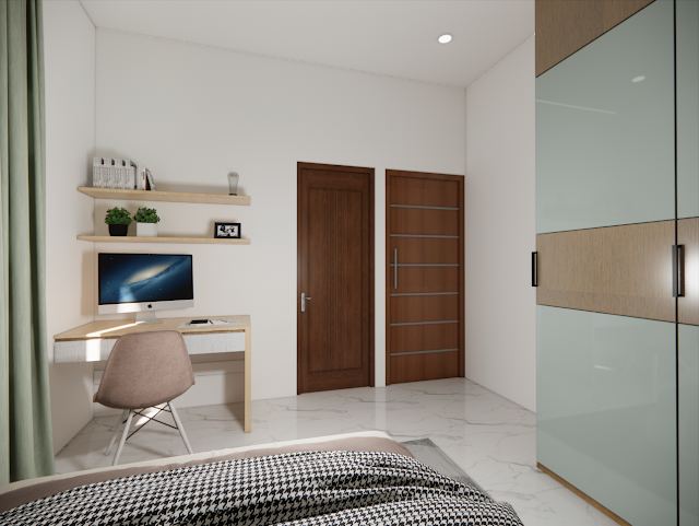 Bedroom with study table, 80x30 East-Facing Residence 3D design
