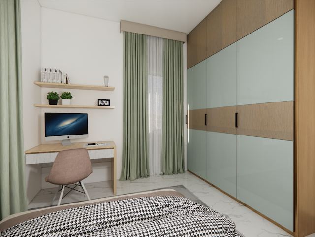 Bedroom with study table, 80x30 East-Facing Residence 3D design