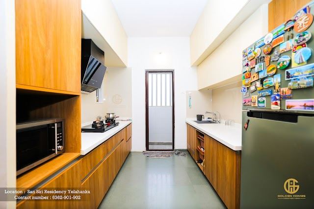 Kitchen counter and storage, Mr Arun M's home, San Siri Residency, Yelahanka
