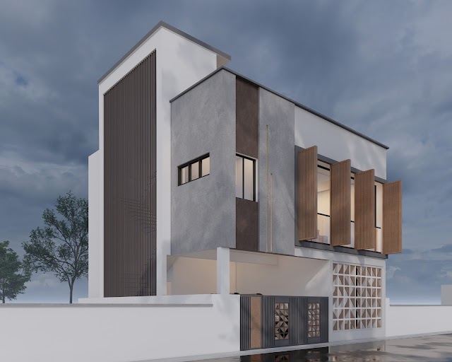 Elevation with full-fold facade, corner view, Deepika Residence 3D design