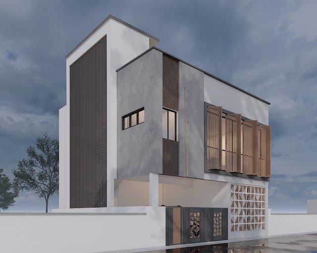 Elevation with half-fold facade, corner view, Deepika Residence 3D design