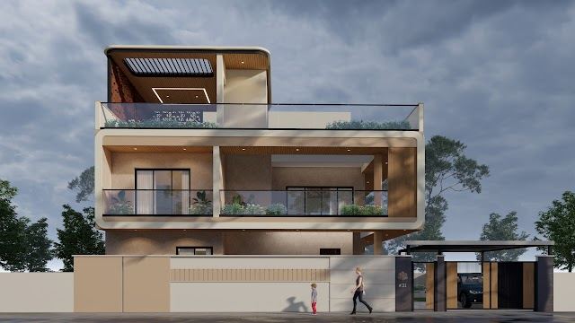 Elevation with compound wall, Venugopal Residence 3D design